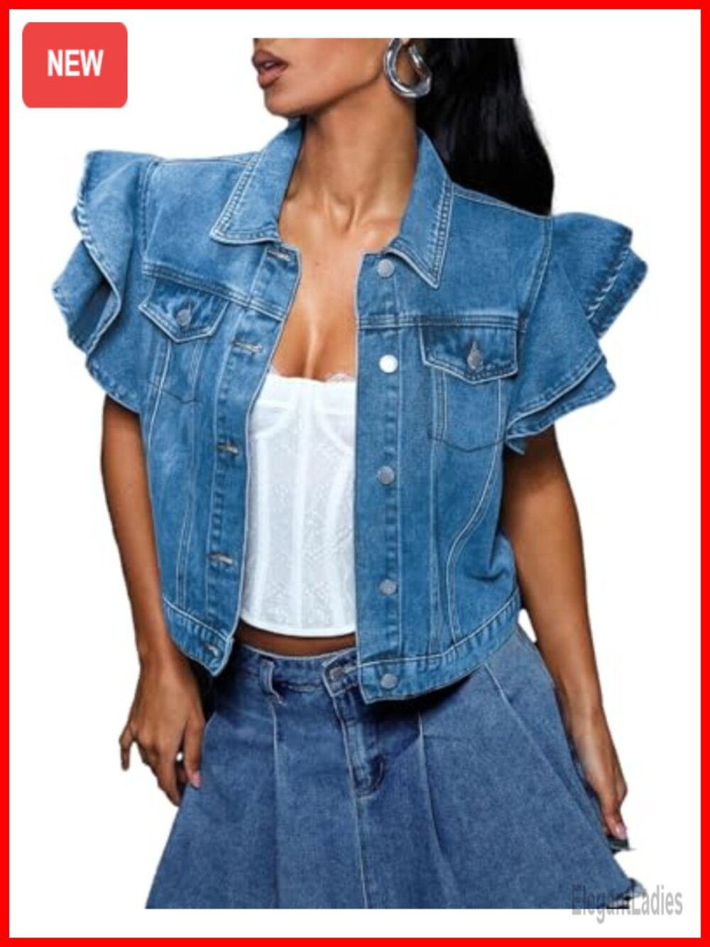 Cropped Denim Jacket Women Ruffle Sleeve Button Down Jean Jacket Summer